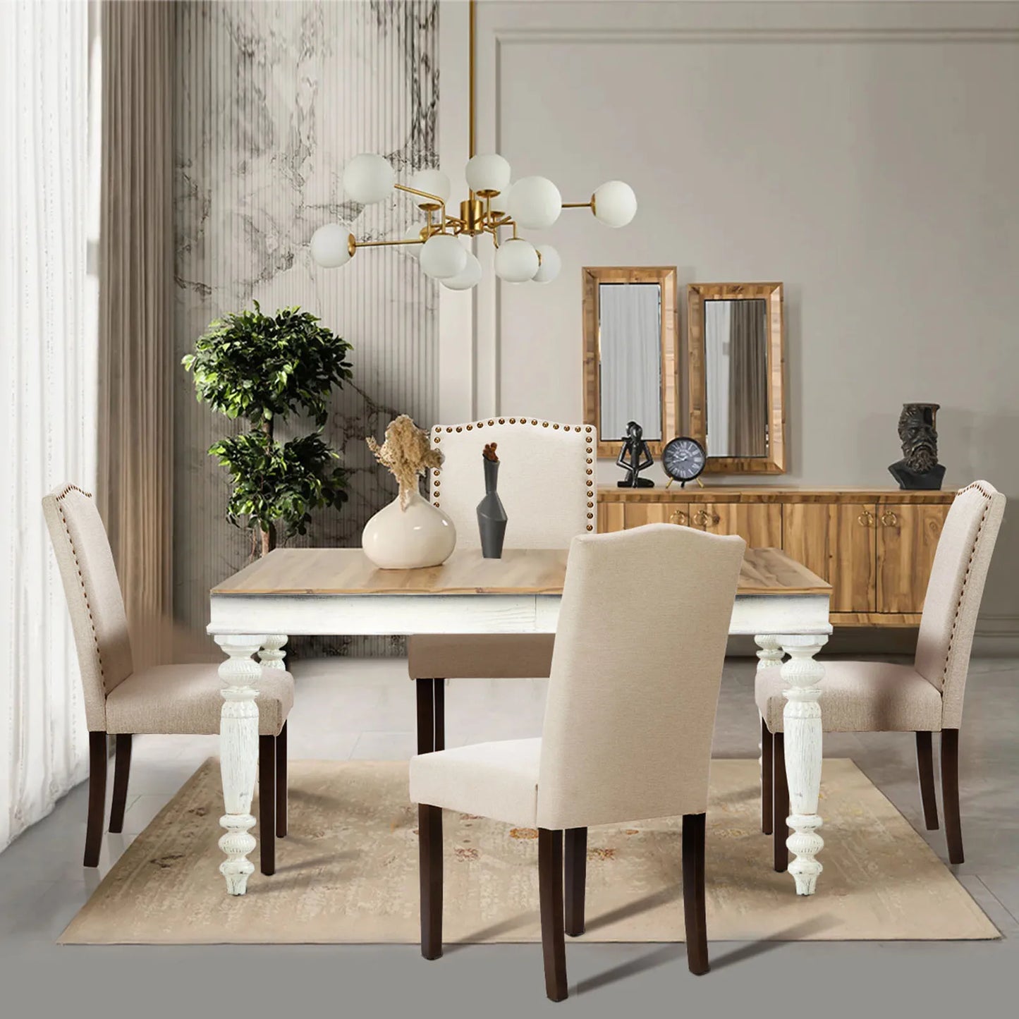 Mcq Set Of 2 Farmhouse Wooden Leg Fabric Dining Chairs