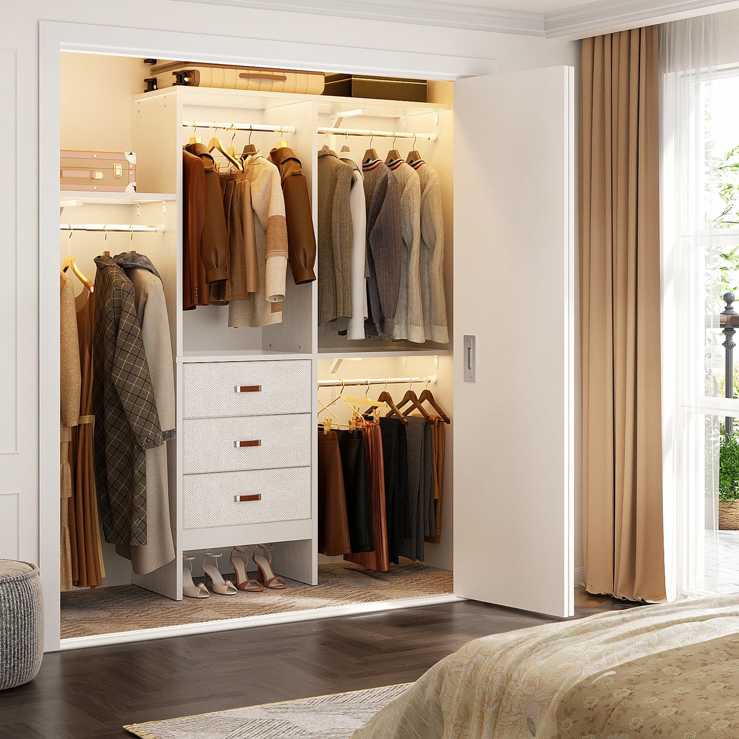 5FT Small Closet System with 3 Fabric Drawers, 60'' Walk In Closet Organizer System With 3 Adjustable Shelves