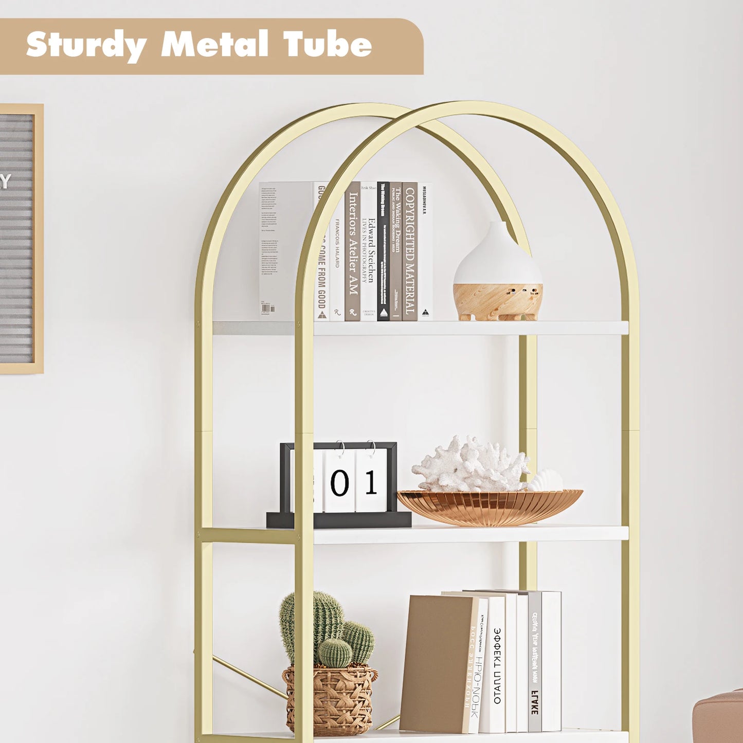 HiMISS 5 Tier Bookshelf Arched Display Metal Frame Bookcase