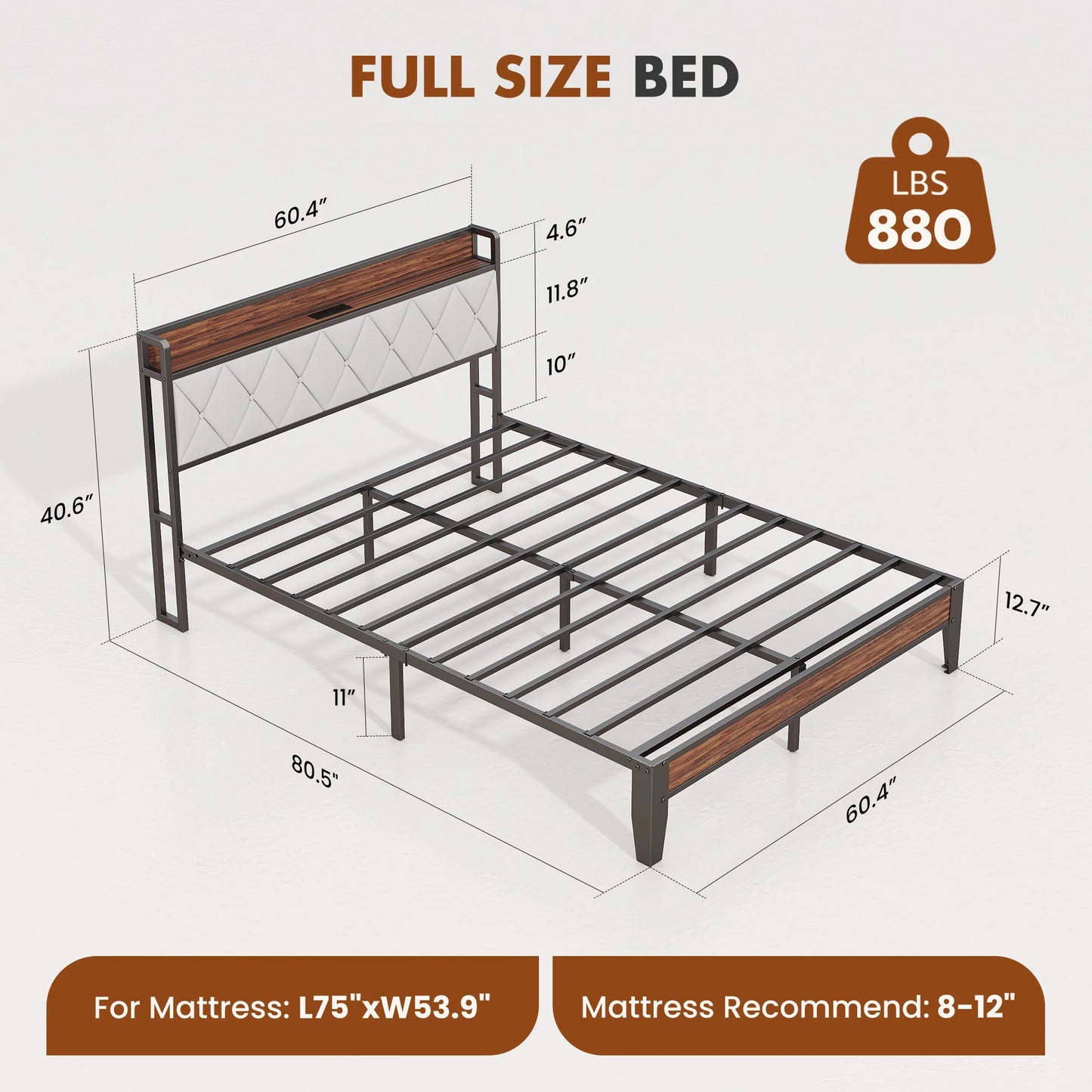 JHK King Size Metal Bed Frame With Storage And Charging Station