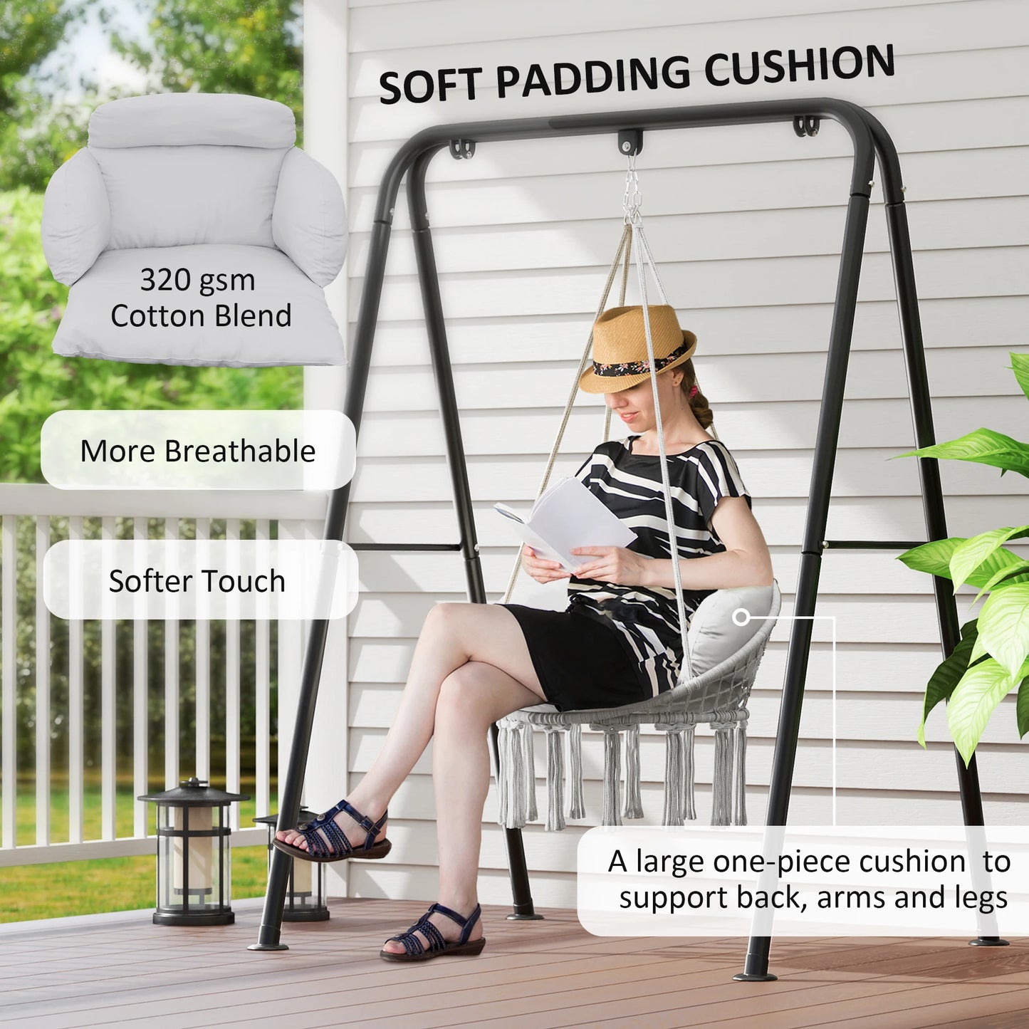 None Gray Outdoor Hanging Hammock Chair With Macrame Cushion