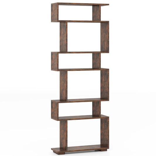 6-tier Storage Bookshelf S-shaped Geometric Bookcase w/ Anti-toppling Kits