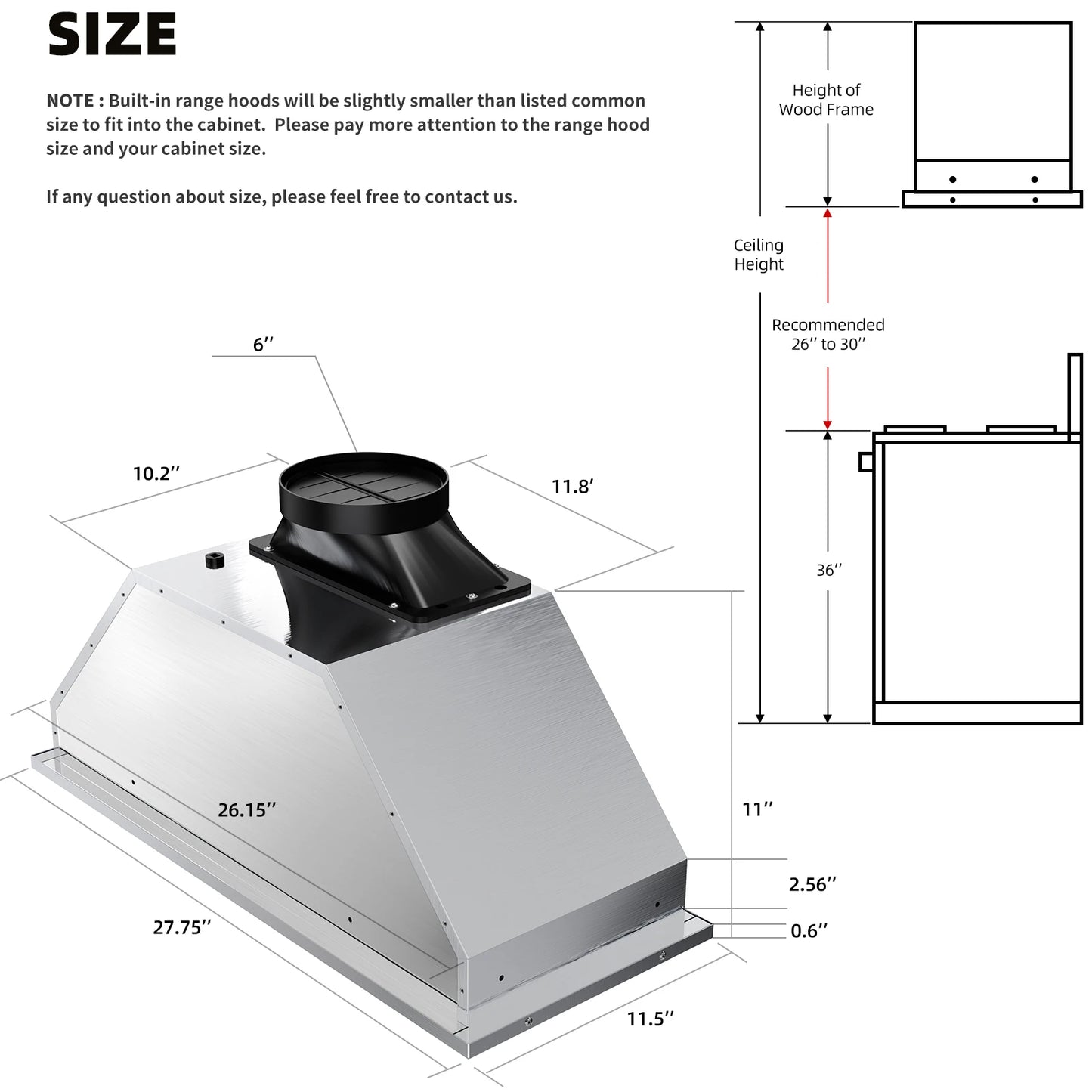 BRANO Range Hood Insert 900 CFM Smart Voice Gesture Touch Control 4 Speed