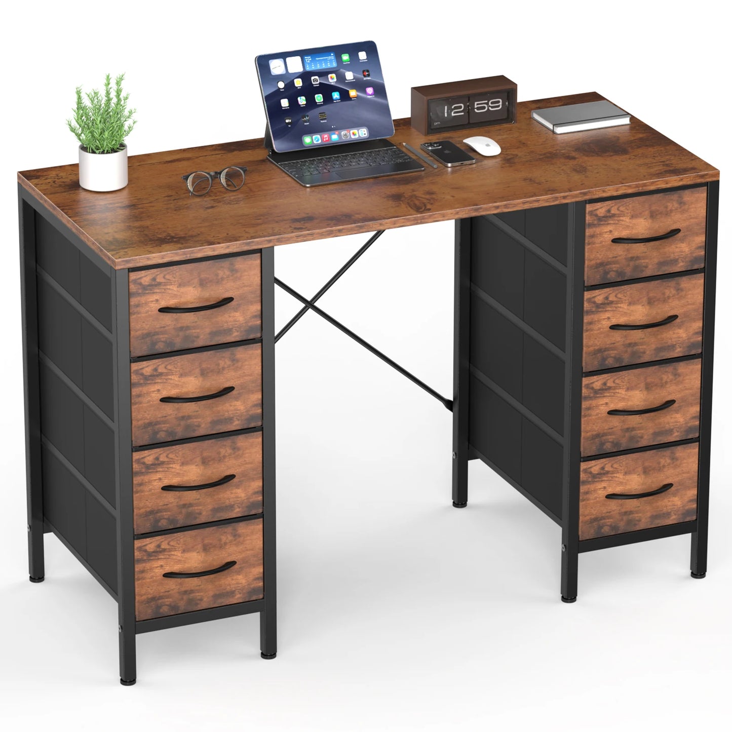 JHK Office Desk With 8 Fabric Drawers And X-Shaped Reinforcement