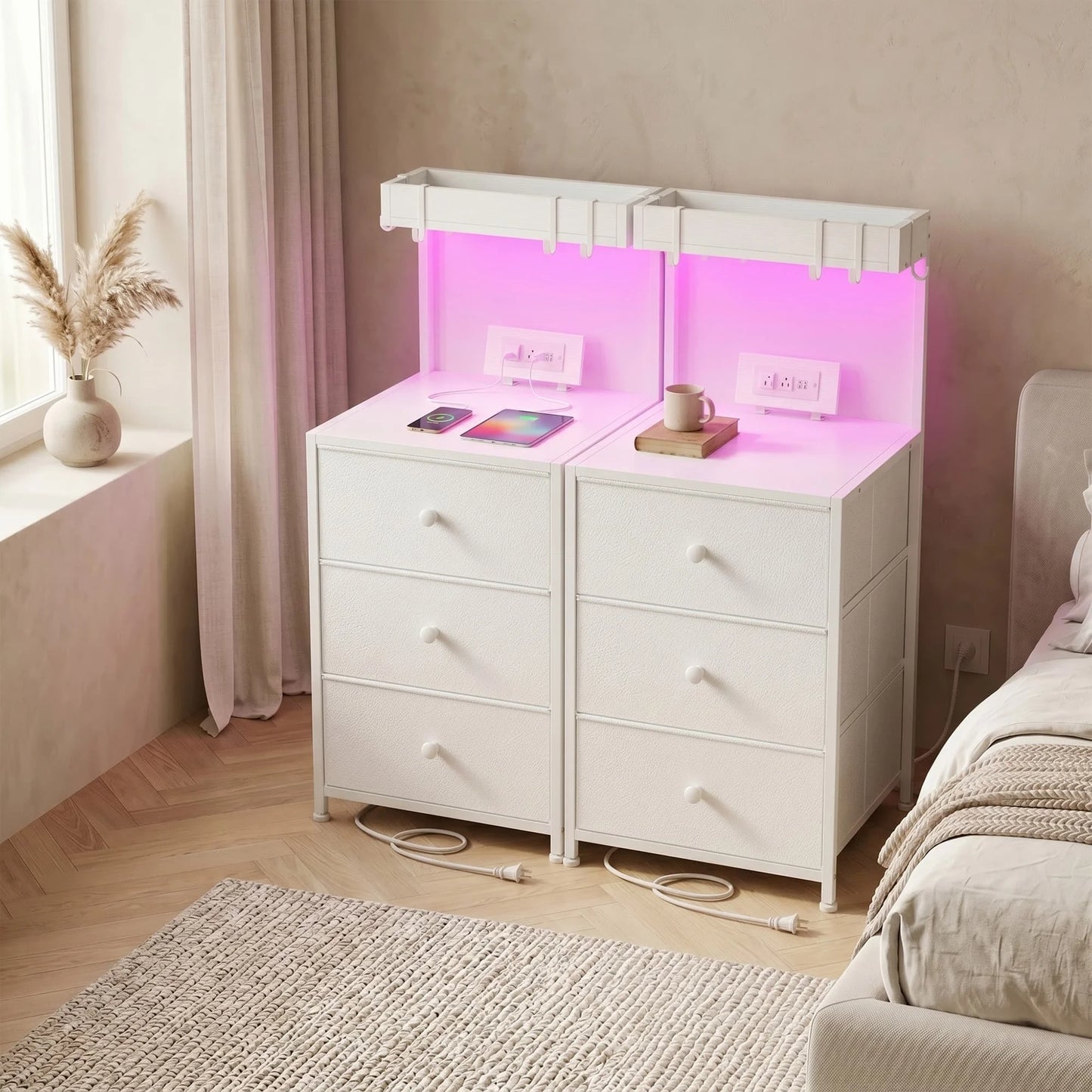EnHomee 2 Pack Nightstands, LED RGB Bedside Table with Charging Station, 3 Fabric Drawers Side Table with Shelf & Hooks for Bedroom Entryway Closet