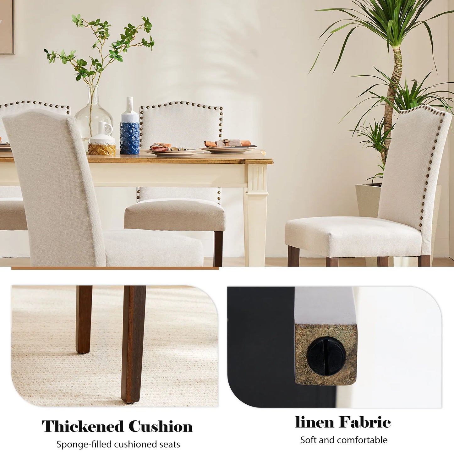 Mcq Set Of 2 Farmhouse Wooden Leg Fabric Dining Chairs