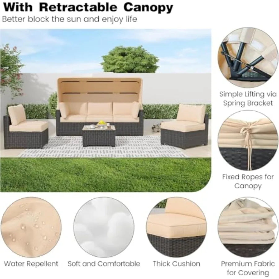OLOEY Patio Furniture Set Wicker Sofa With Retractable Canopy
