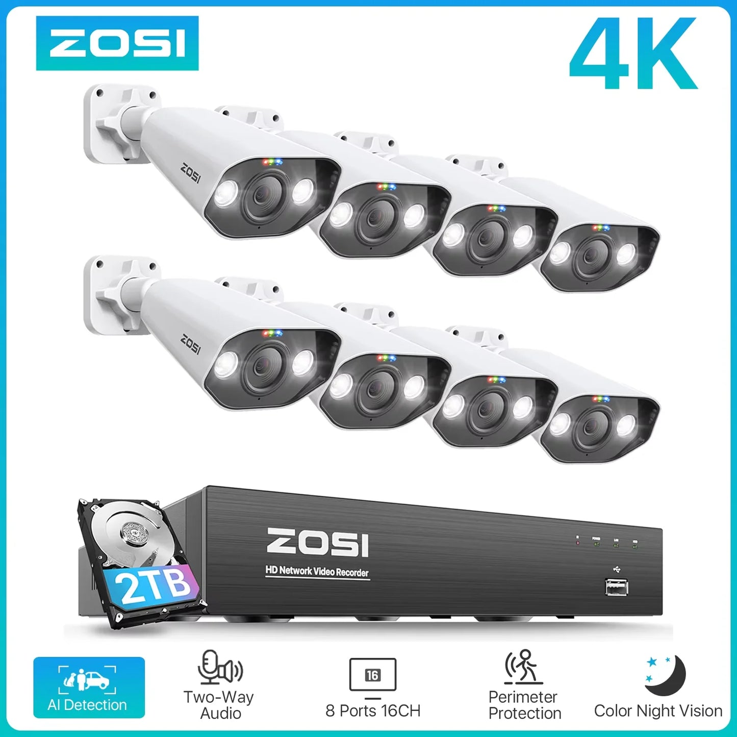 ZOSI 8CH POE Surveillance Kit With 4K AI IP Cameras