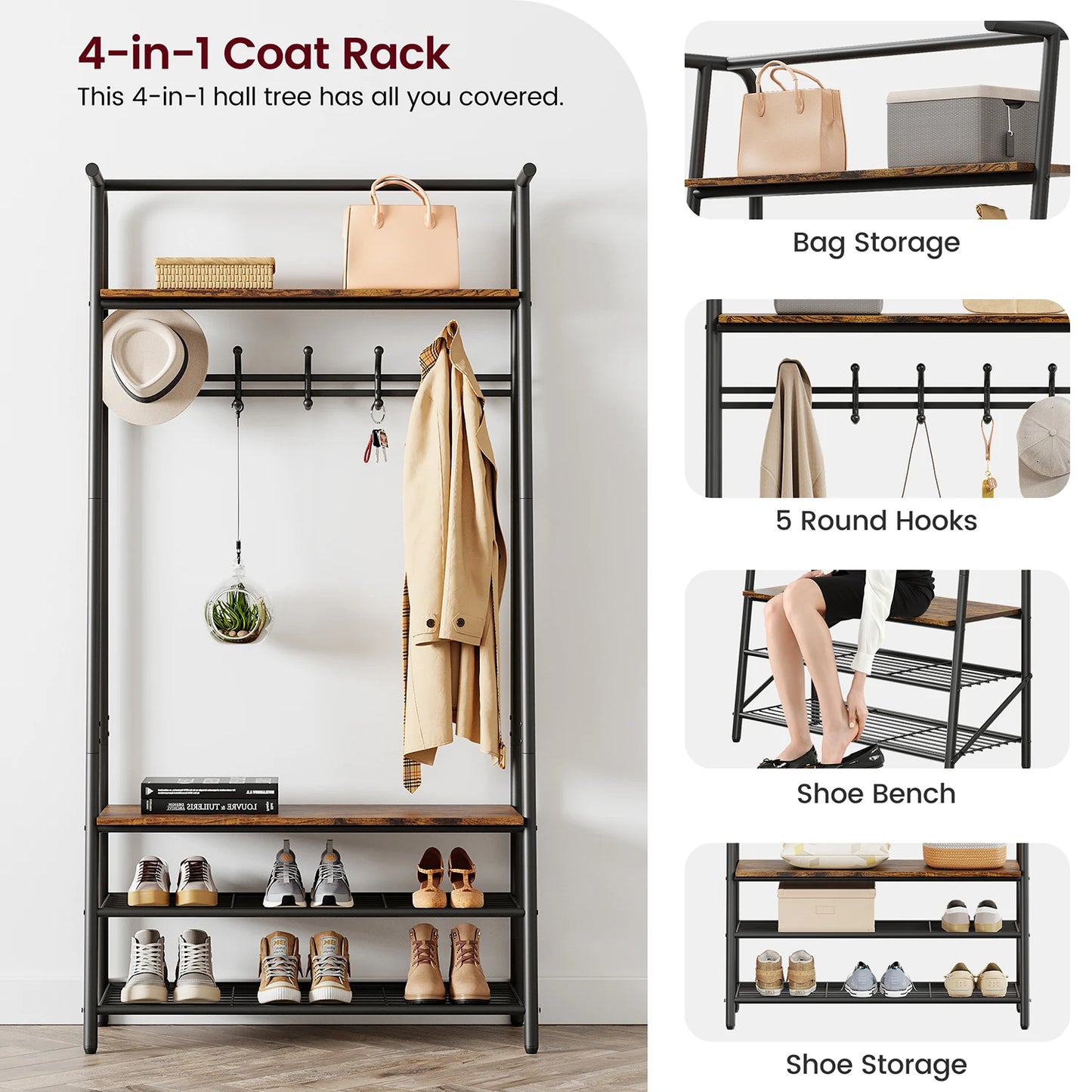 TWISTER.CK Coat Rack Shoe Bench 4 In 1 Hall Tree With Steel Frame
