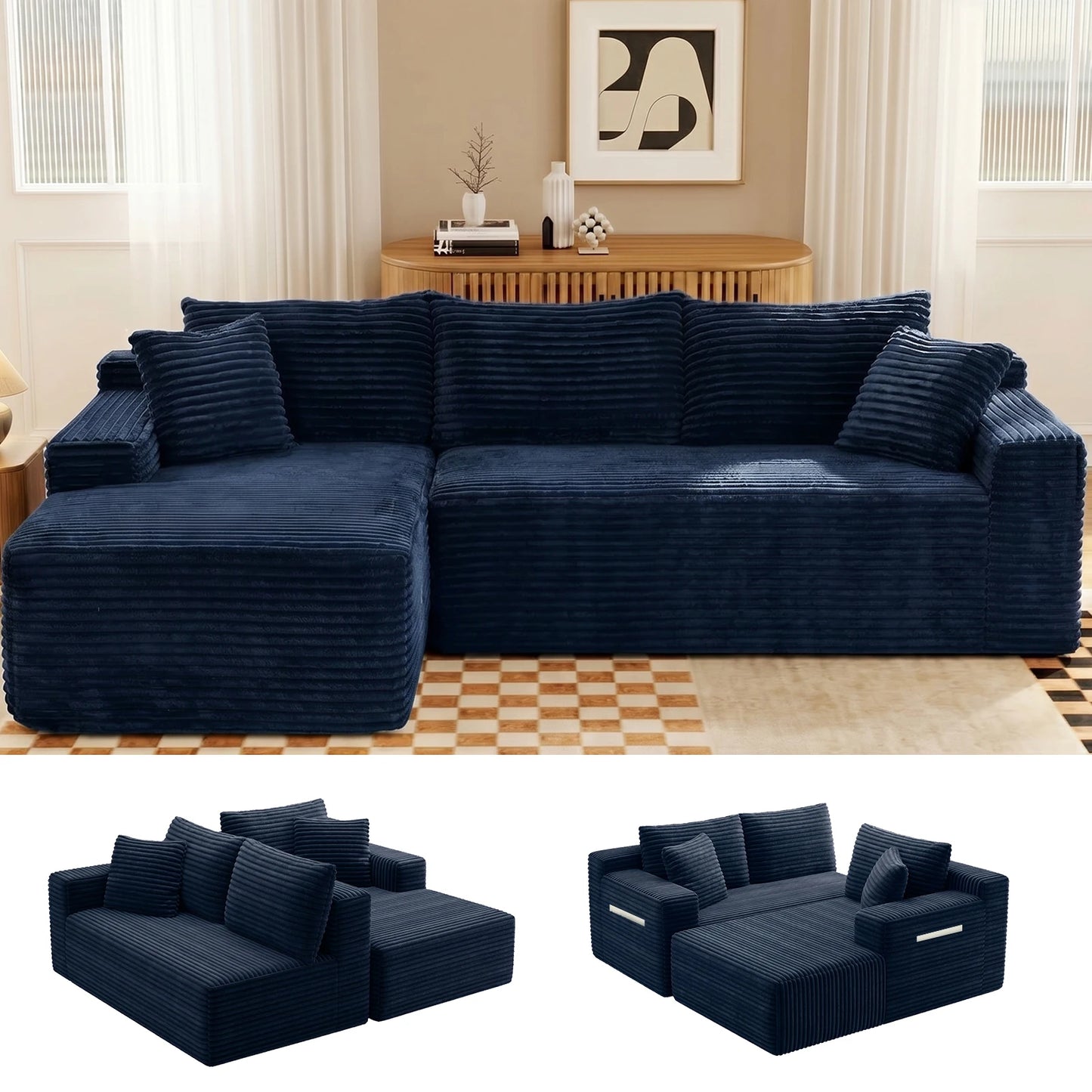 Black Corduroy Modular L-Shape Sectional Sofa With Chaise