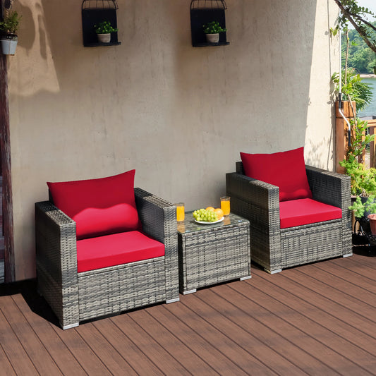 HOMASIS 3 Piece Patio Rattan Bistro Set Cushioned Sofa Chair Table