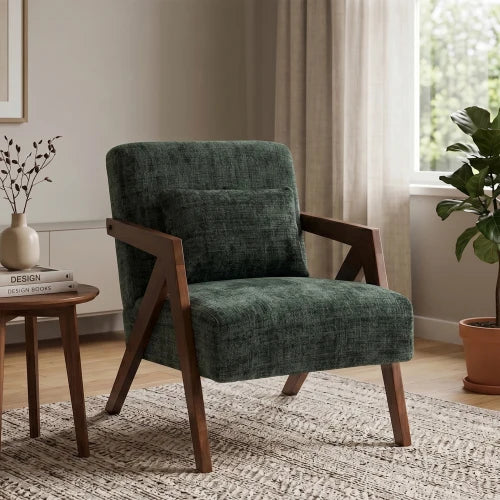 Mid Century Modern Z Shaped Wooden Frame Chenille Armchair
