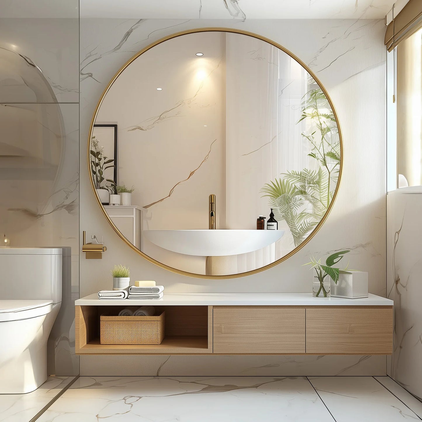 JHK Round Vanity Mirror With Matte Metal Frame Wall Mount