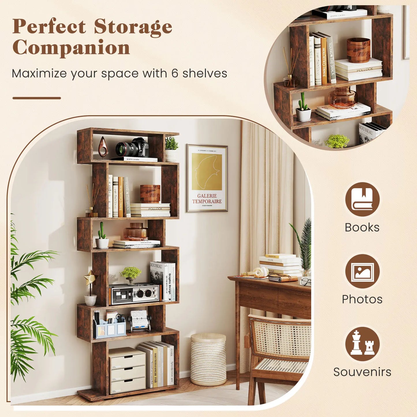 6-tier Storage Bookshelf S-shaped Geometric Bookcase w/ Anti-toppling Kits