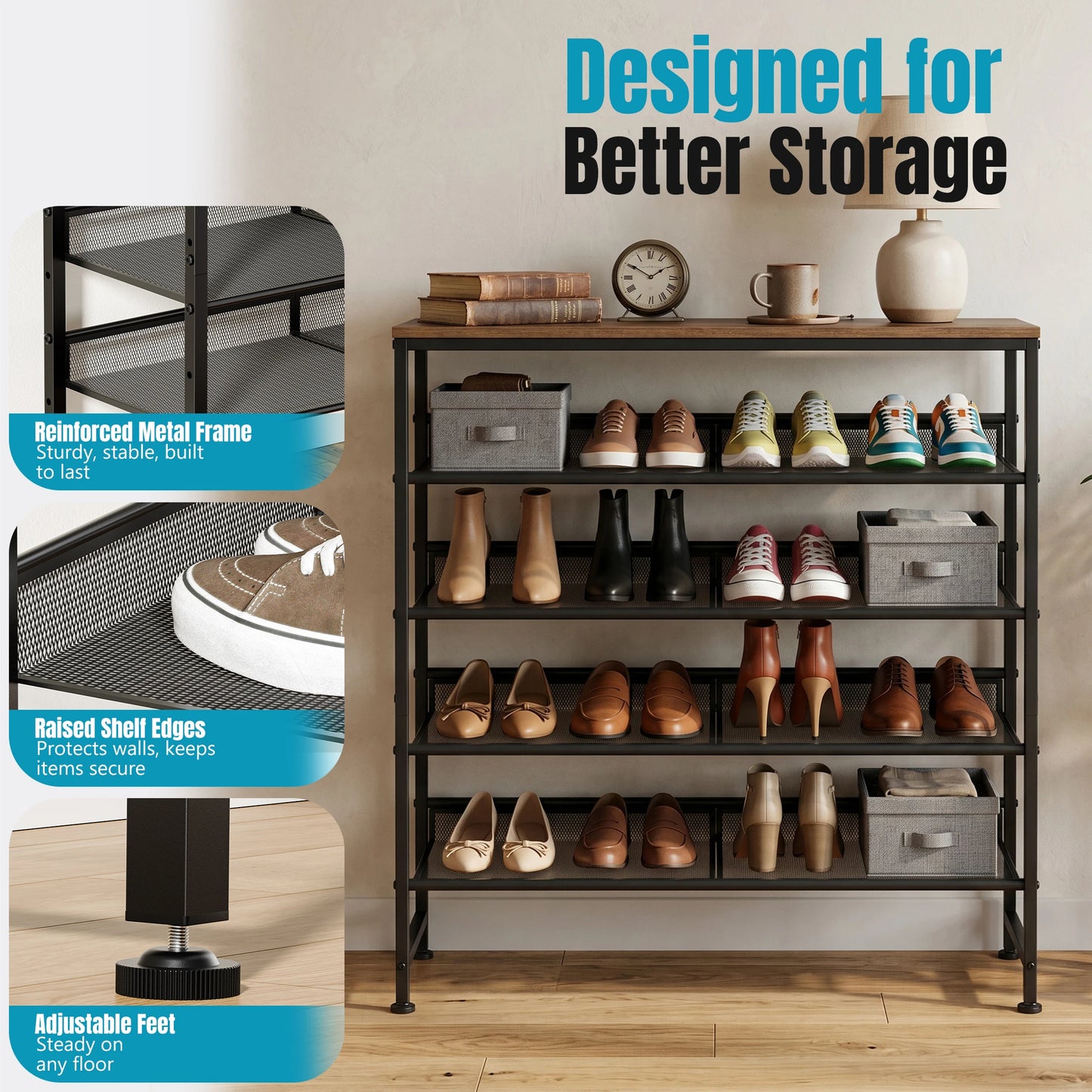 JHK 5 Tier Metal Shoe Storage Cabinet with Adjustable Shelves