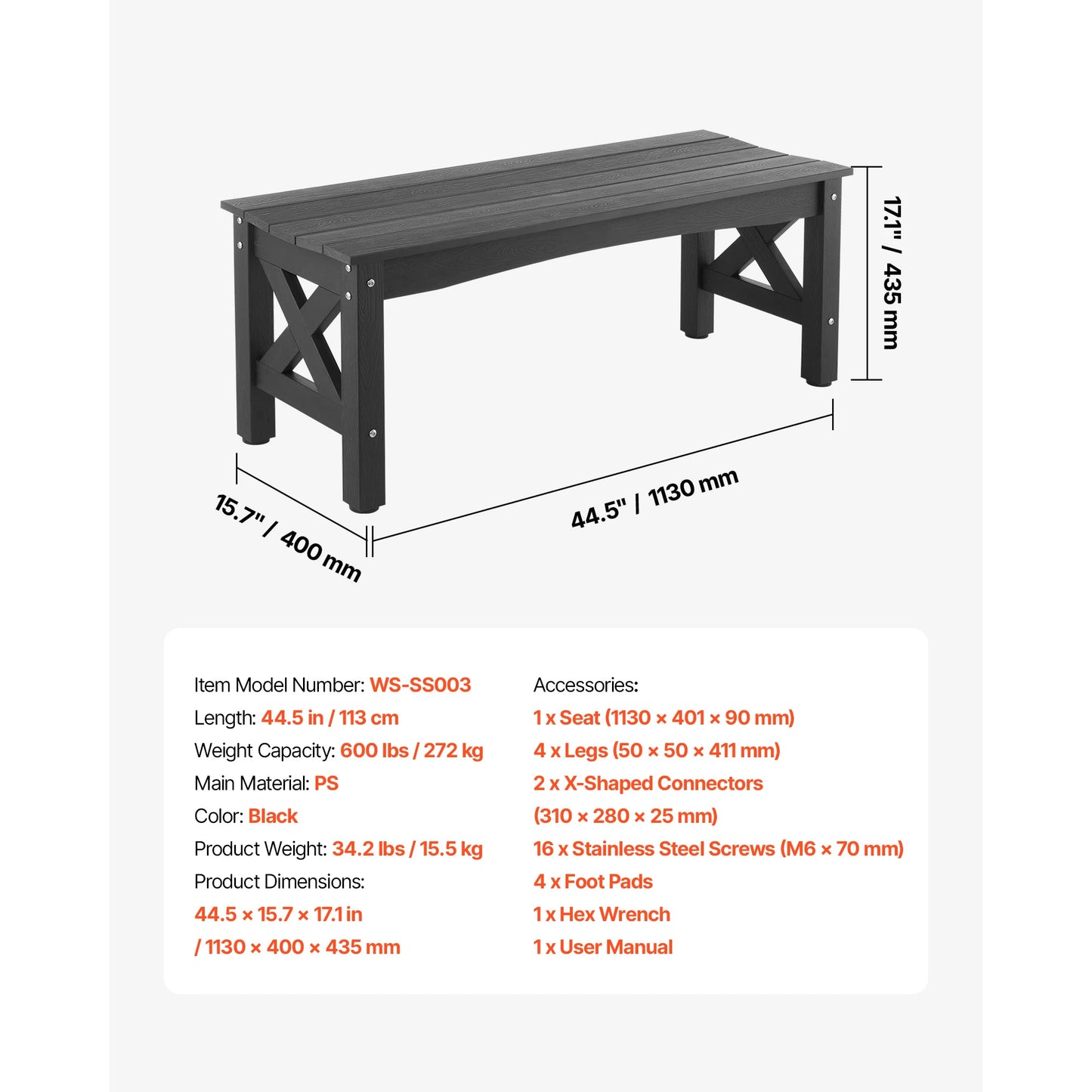 SucceBuy Outdoor Bench Wooden Metal Garden Bench for Outdoors 480 lbs Load Capacity Bench Outdoor Garden Park Bench