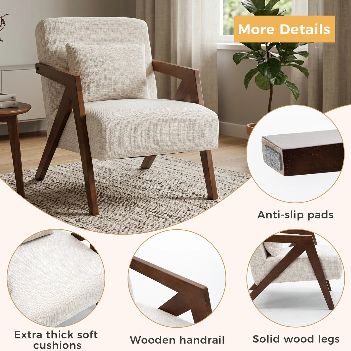 Mid Century Modern Z Shaped Wooden Frame Chenille Armchair