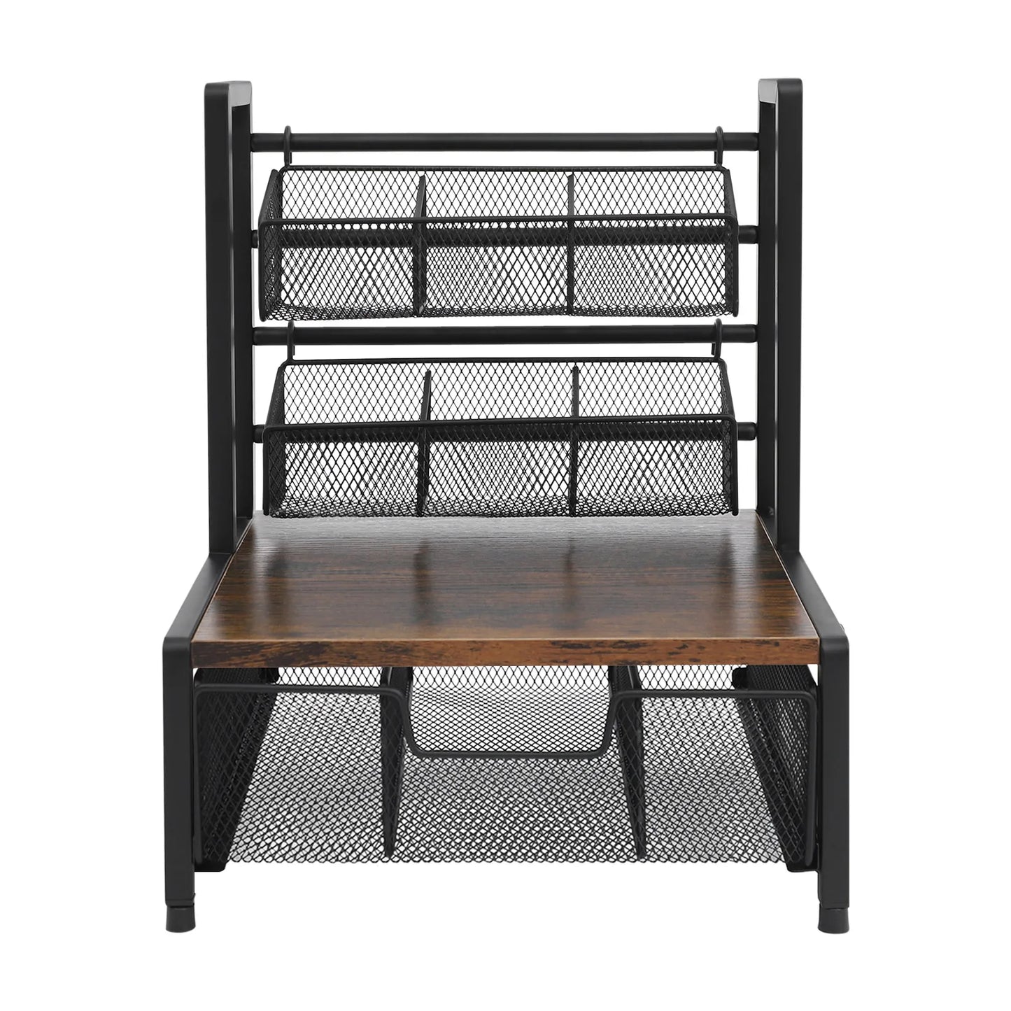 Tea Bag Organizer 3-Tier Countertop Storage Holder with 2 Wire Baskets & Drawer Industrial Rustic Metal Wood Frame for Coffee Pods Sugar Packets Spices