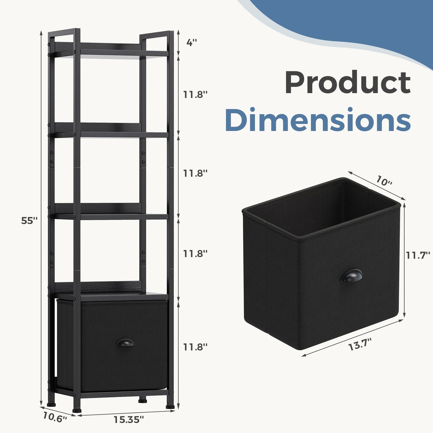 MCQ 5 Tier Metal And Wood Bookshelf With Fabric Drawers