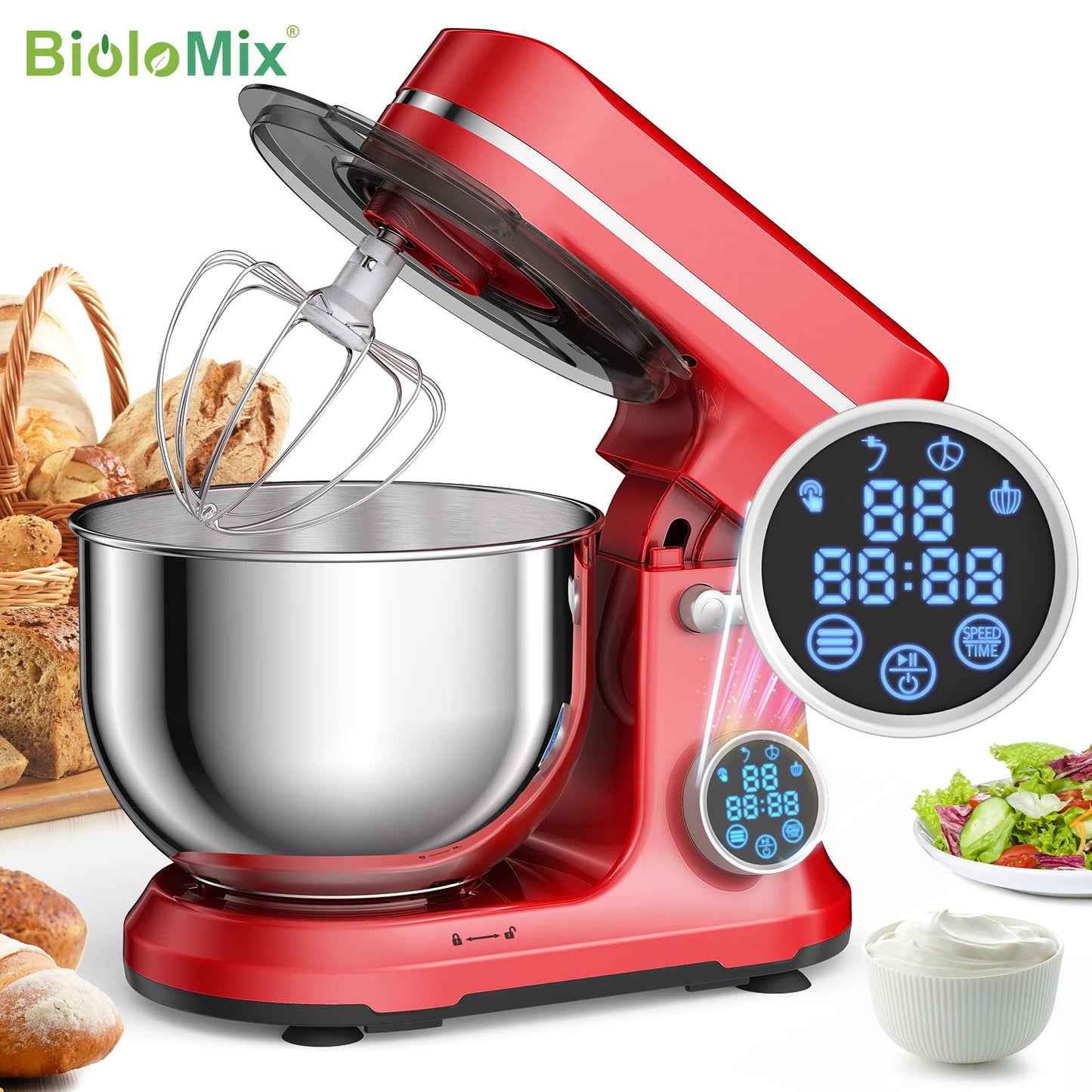 Biolomix 1200W Stand Mixer 11-Speed DC Motor Dough Hook Whisk