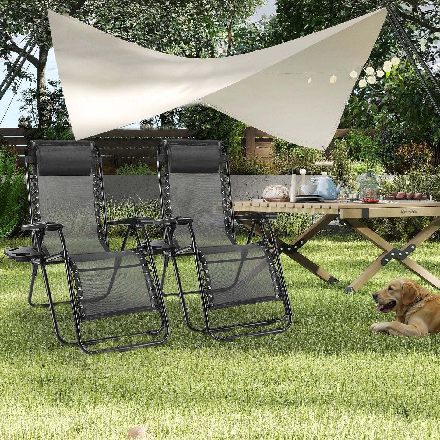 JHK Portable Zero Gravity Recliner Chairs Set of 2 Outdoor Garden Folding Lounge Chair with Cup Holder Trays Adjustable Pillow