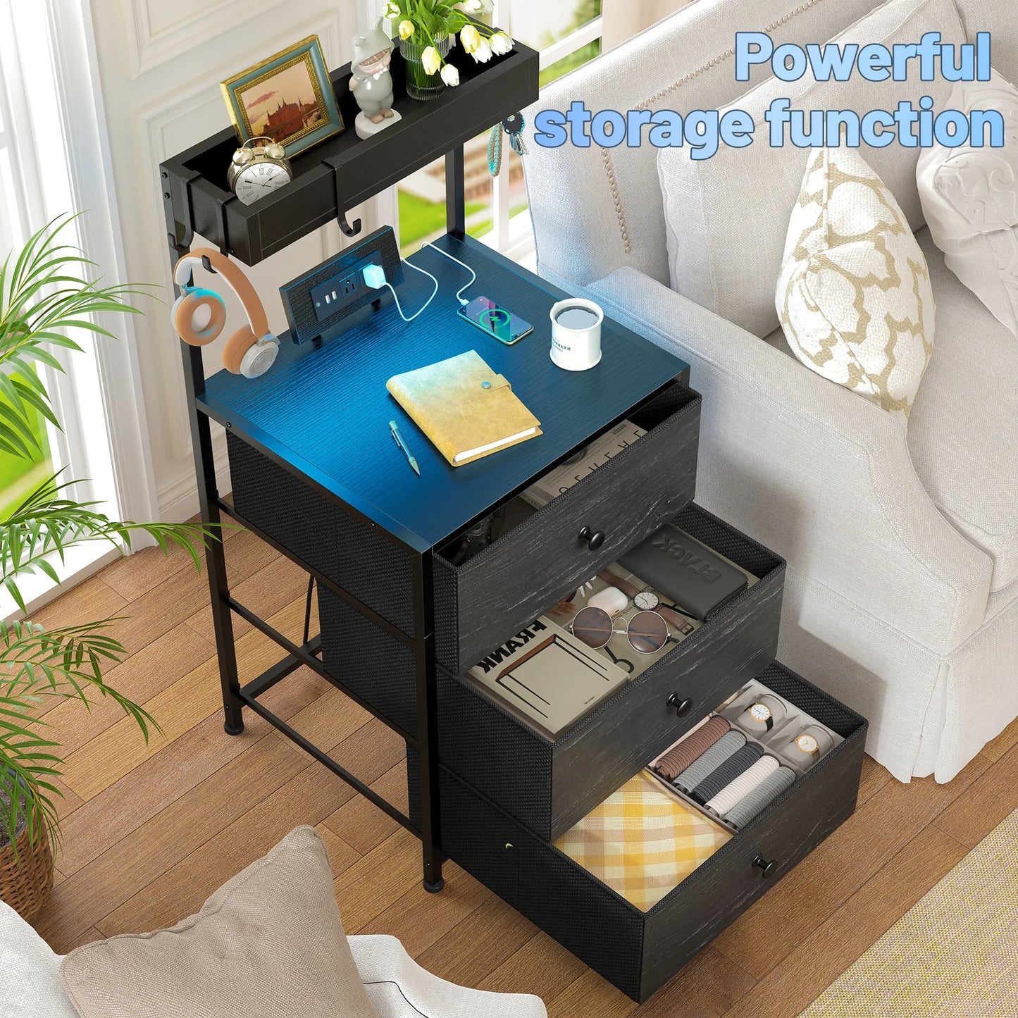 EnHomee 2 Pack Nightstands, LED RGB Bedside Table with Charging Station, 3 Fabric Drawers Side Table with Shelf & Hooks for Bedroom Entryway Closet