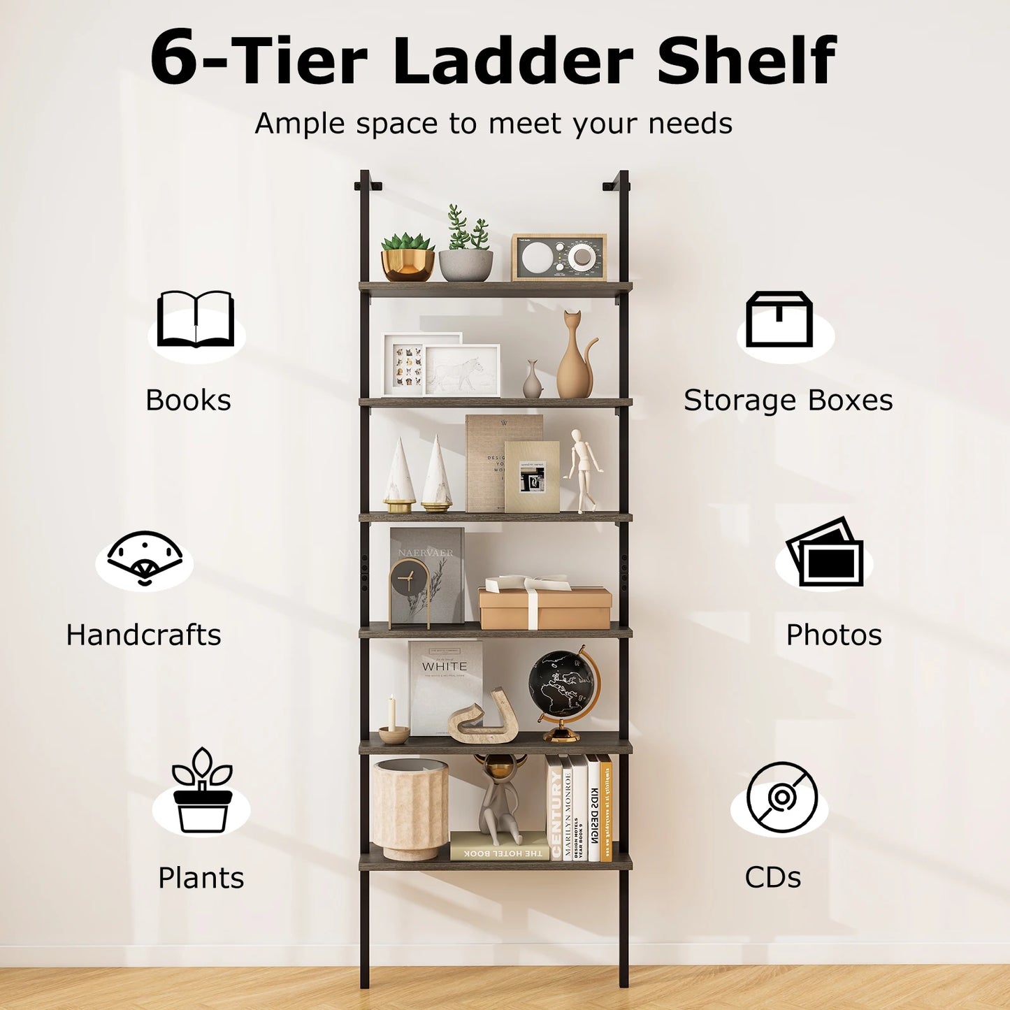 6-tier Ladder Shelf 72 Inches Industrial Wall Mounted Bookshelf Oak