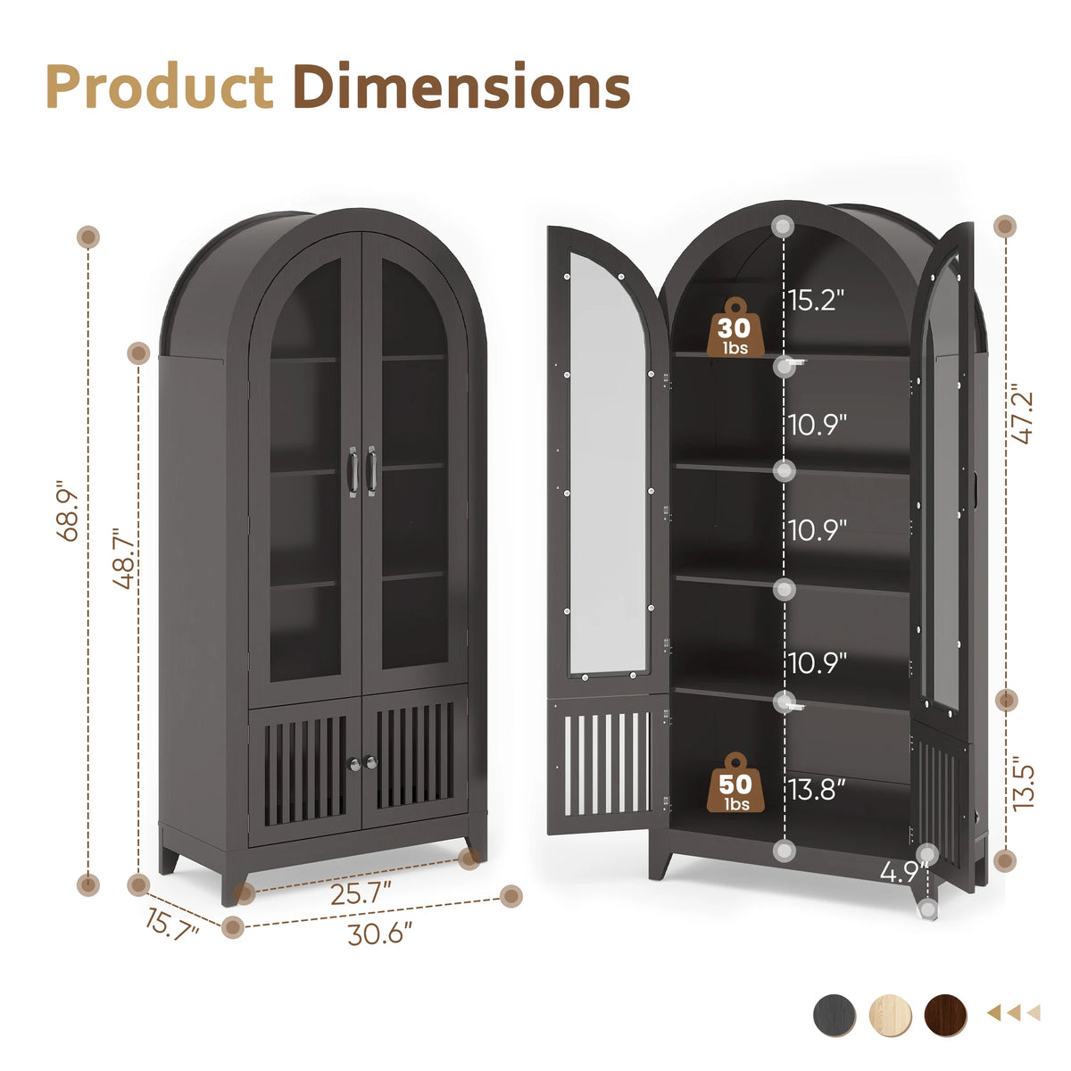 TCGBKAF Arched Kitchen Pantry Cabinet With Glass Door And Shelves