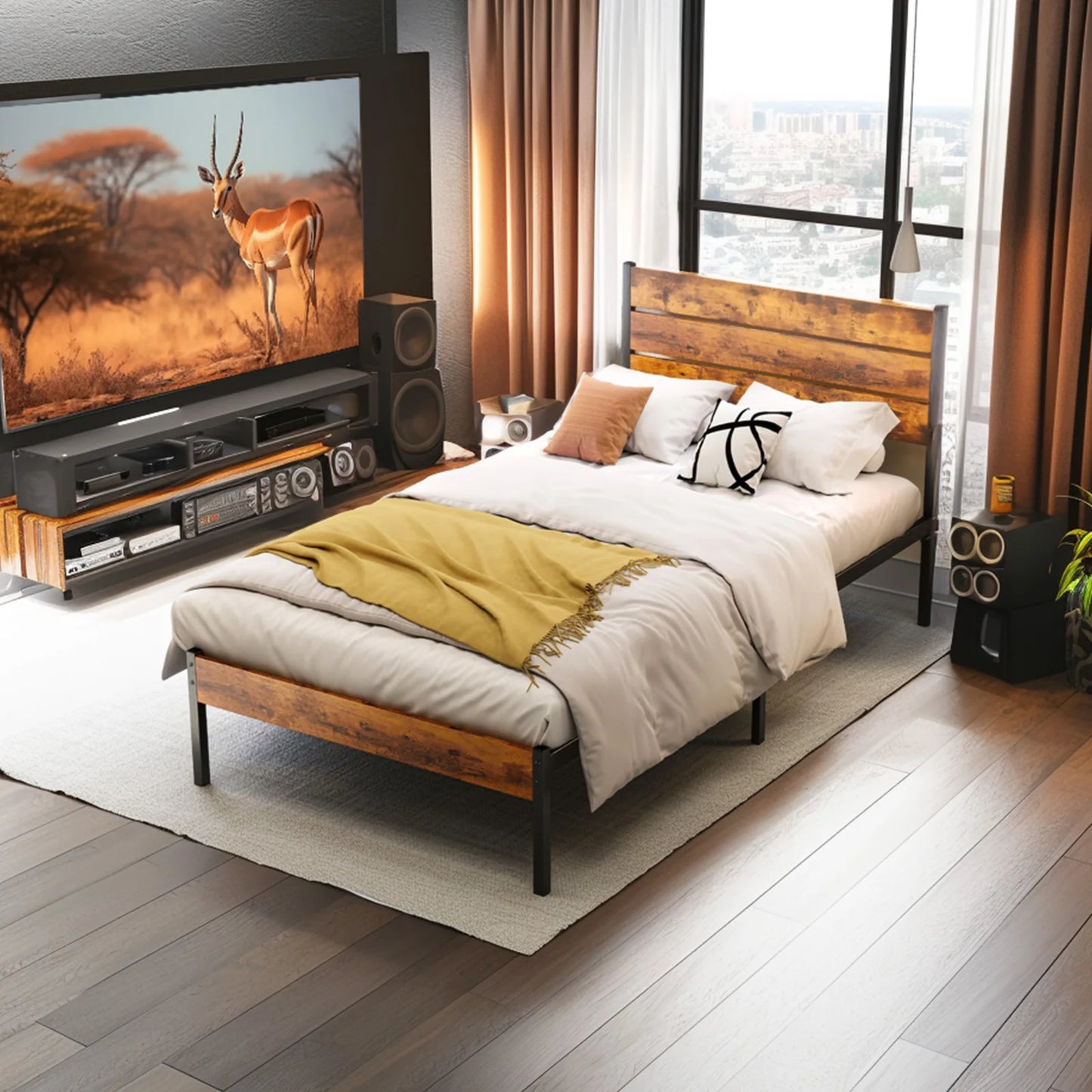 JHK Queen Metal Platform Bed Frame With Wood Slats