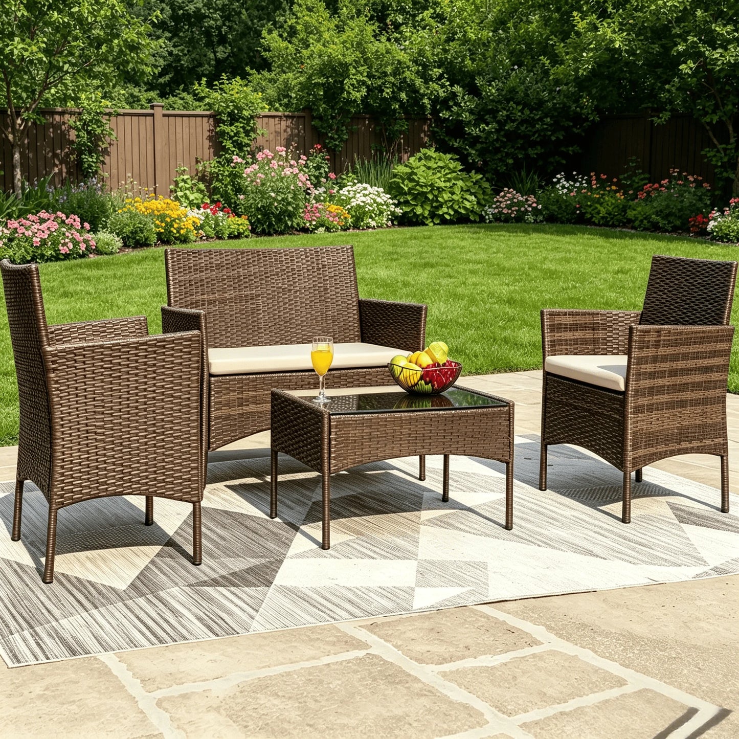 Outdoor Rattan Patio Furniture Set 4 Piece With Cushions And Glass Coffee Table