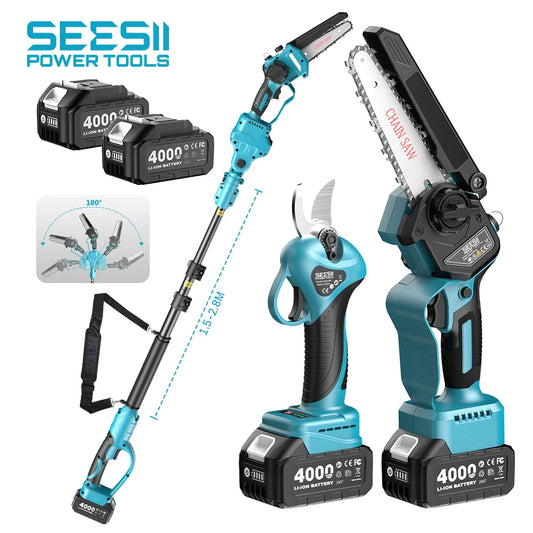 SEESII 3-in-1 Brushless Cordless 30mm Electric Scissors 6'' Brushless Electric Chainsaw w/2.4m Extension Telescopic Rod Tool for Makita 18v Battery Pin