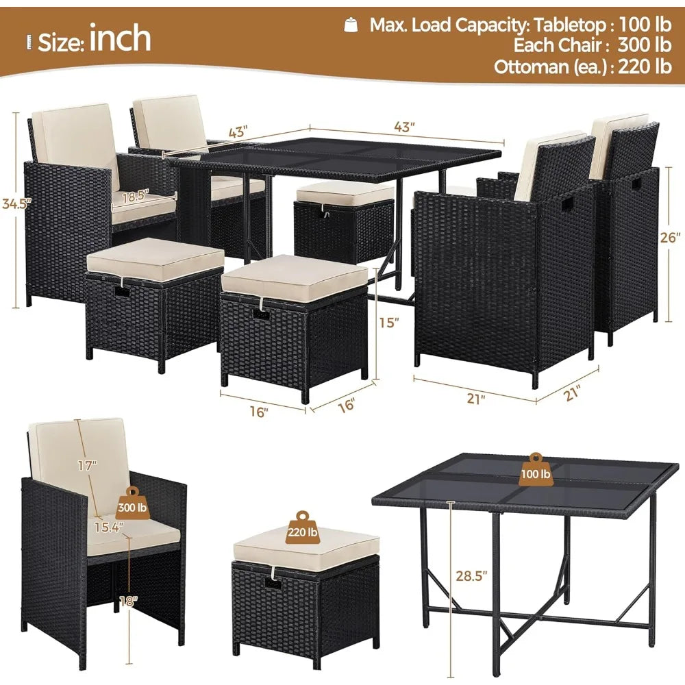 Outdoor Rattan Patio Dining Set With Glass Table And Ottomans