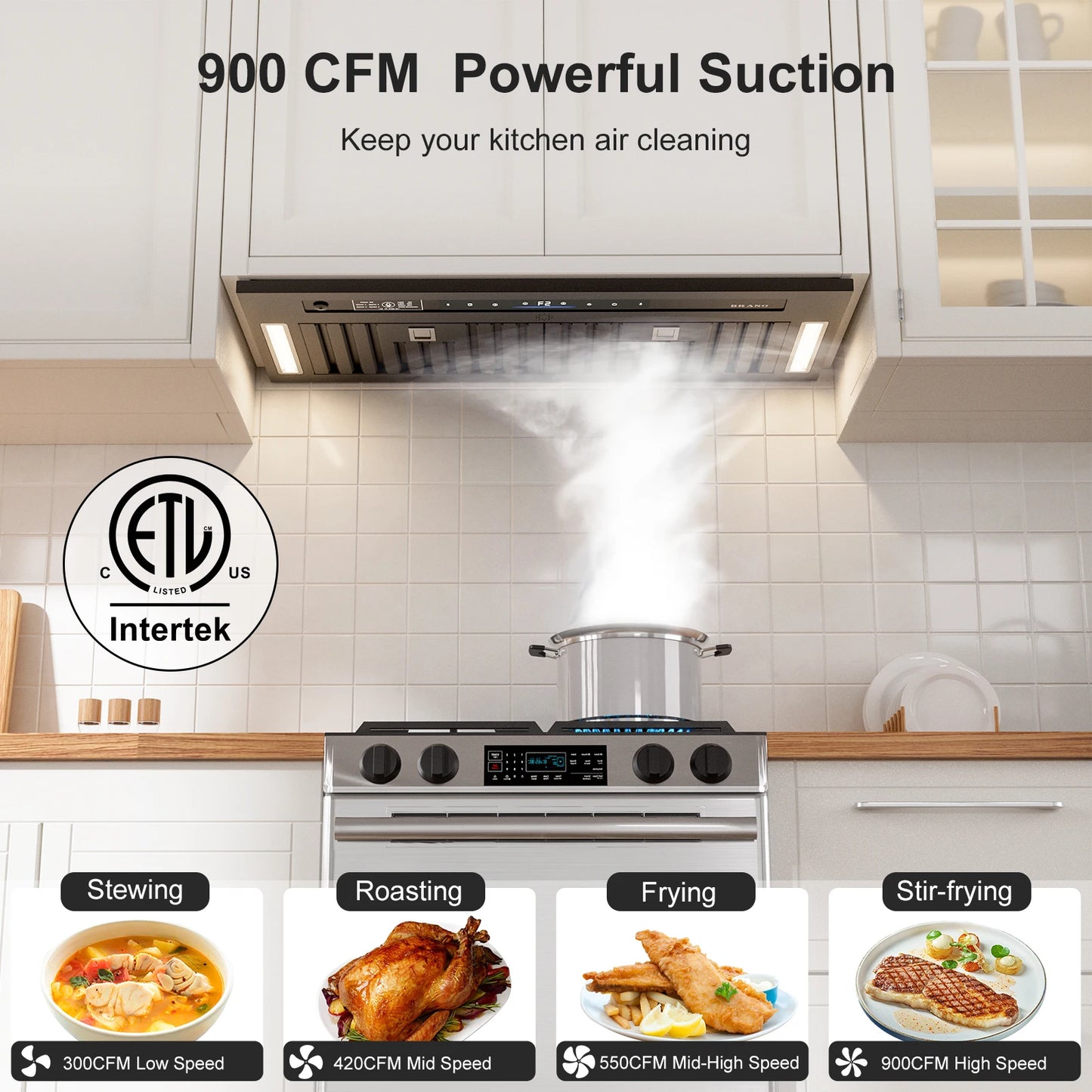 BRANO Range Hood Insert 900 CFM Voice Gesture Touch Control