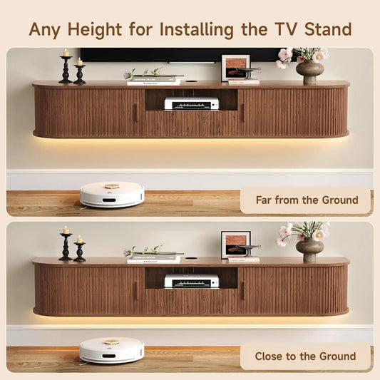 Onbrill 70 Inch Smart Floating TV Stand With Walnut Fluted Wood