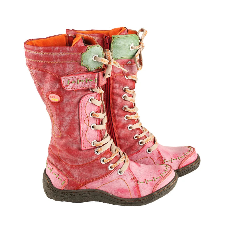 TMA EYES New Women'S Mid-Calf Boots Retro Handmade Lace-Up Winter Snow Boots Casual Warm Comfortable Footwear