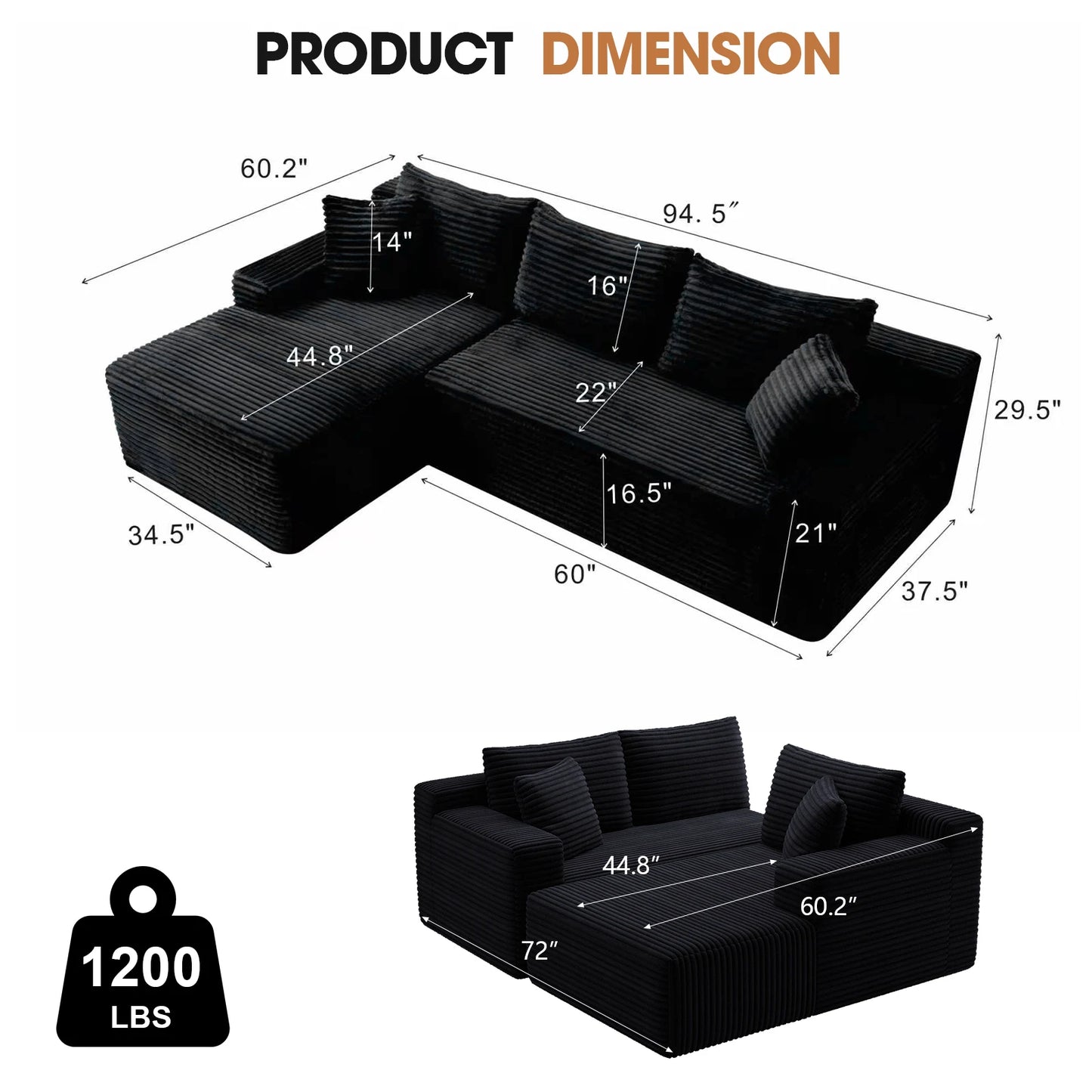 Black Corduroy Modular L-Shape Sectional Sofa With Chaise
