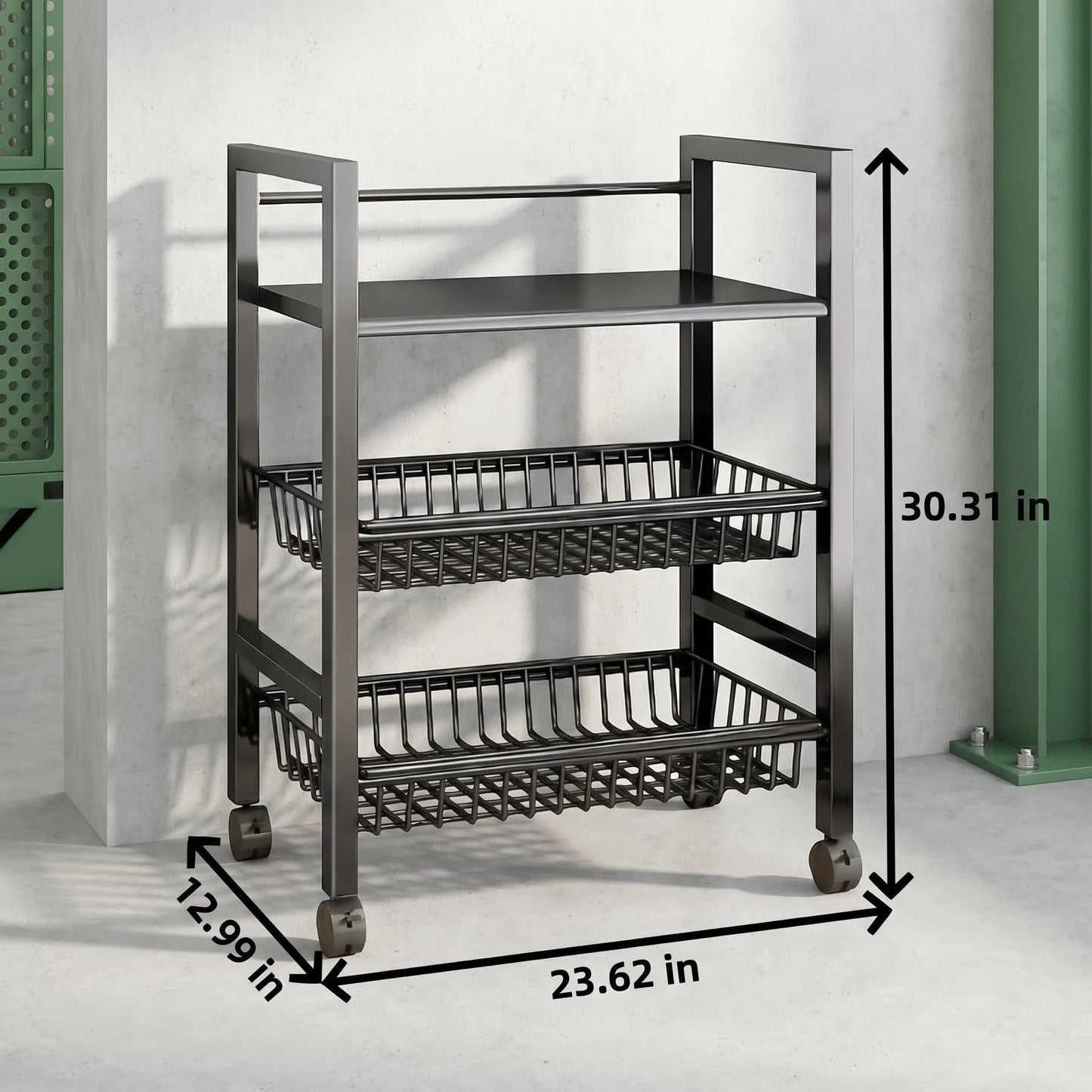 3-Tier Rolling Storage Cart with 2 Pull Out Mesh Baskets Carbon Steel Heavy Duty Utility Shelf for Garage Workshop Kitchen Easy Movement Fits Narrow Gaps