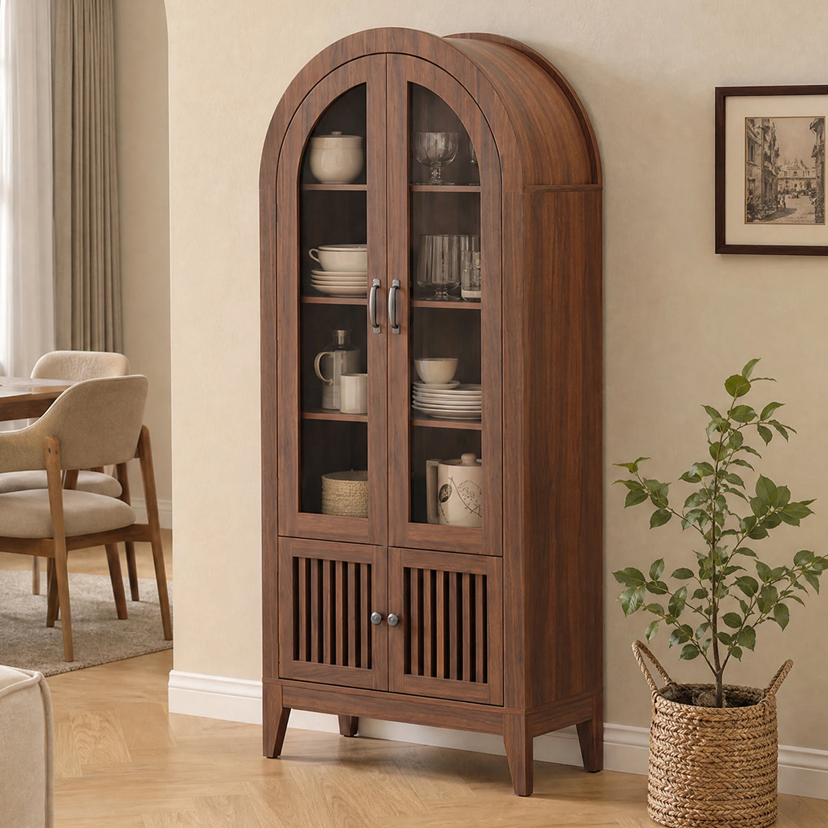 TCGBKAF Arched Kitchen Pantry Cabinet With Glass Door And Shelves