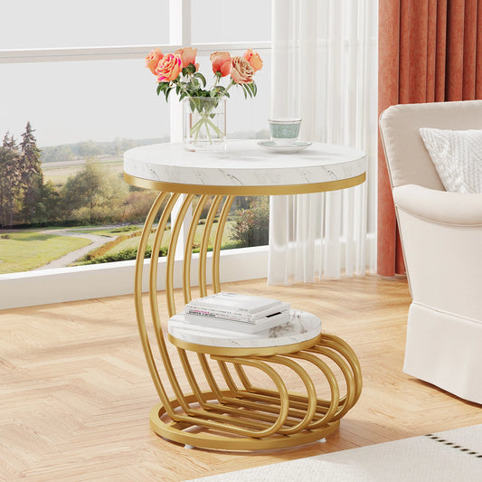 Tribesigns Faux Marble Round End Table With Storage Shelf