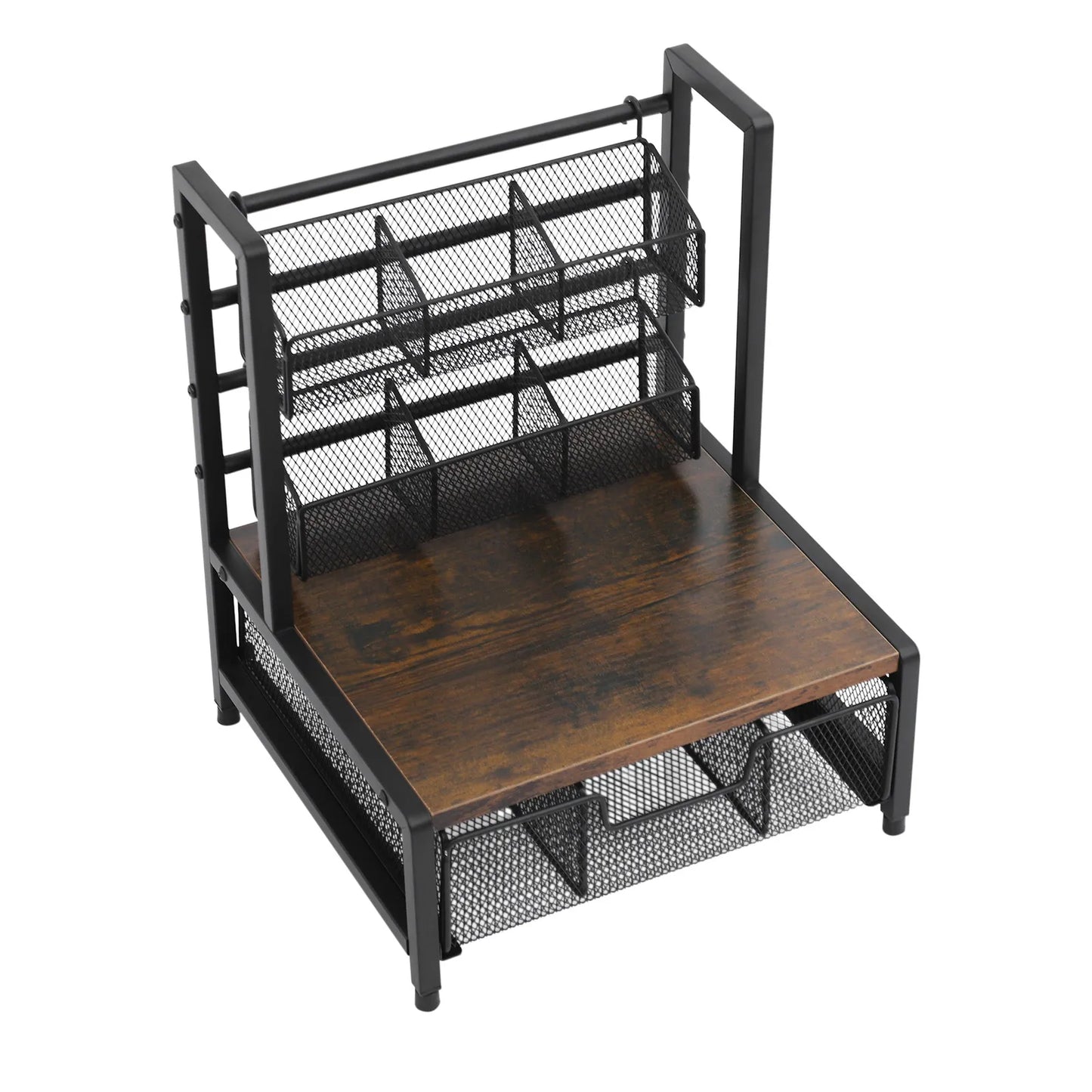Tea Bag Organizer 3-Tier Countertop Storage Holder with 2 Wire Baskets & Drawer Industrial Rustic Metal Wood Frame for Coffee Pods Sugar Packets Spices