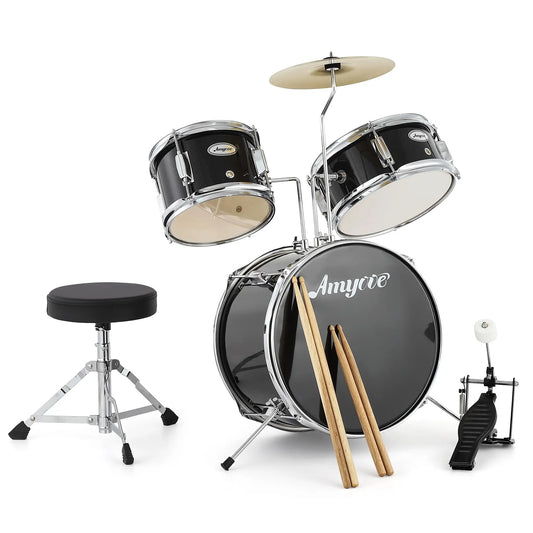 Drum Set for Children, 3 Drum Acoustic Drum Set, Wood and Metal Structure, Black Finish, for Beginners, Rhythm Training and Home