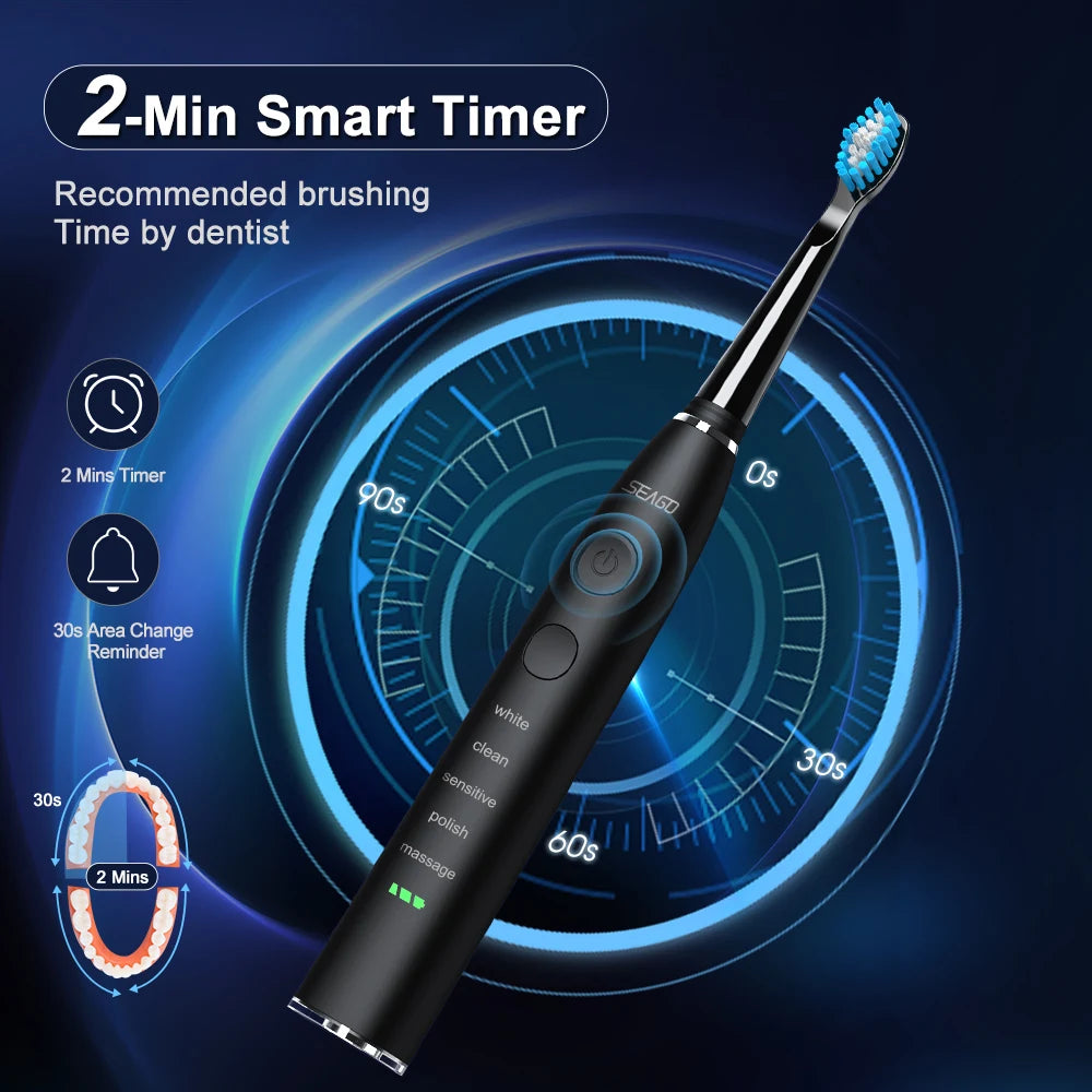 Seago Sonic Electric Toothbrush With 5 Modes And 5 Heads Travel Box