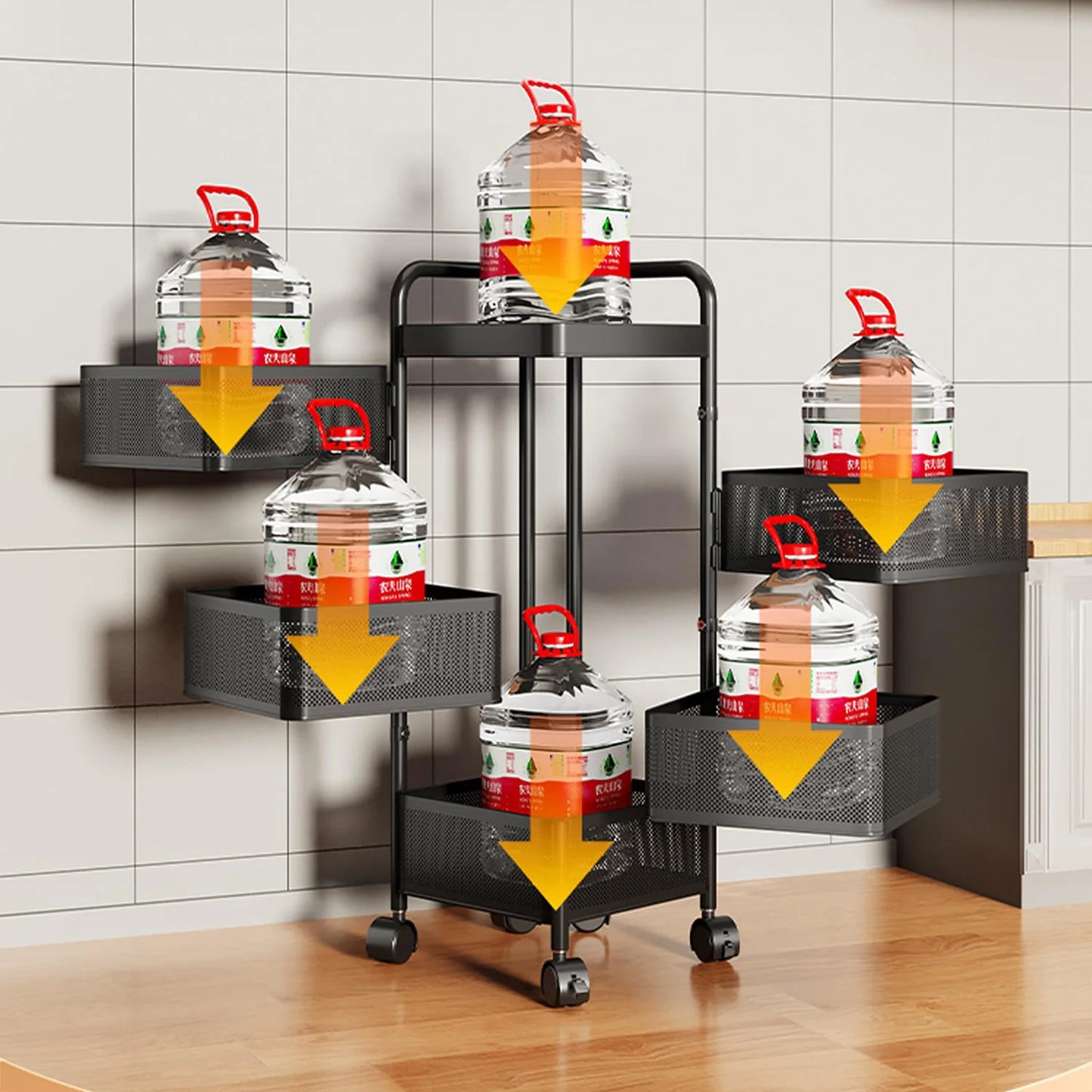 4/5-Tier Thickened Carbon Steel Rotating Storage Cart With Wheels, Mobile Produce Basket Utility Rack Organizer, No Assembly