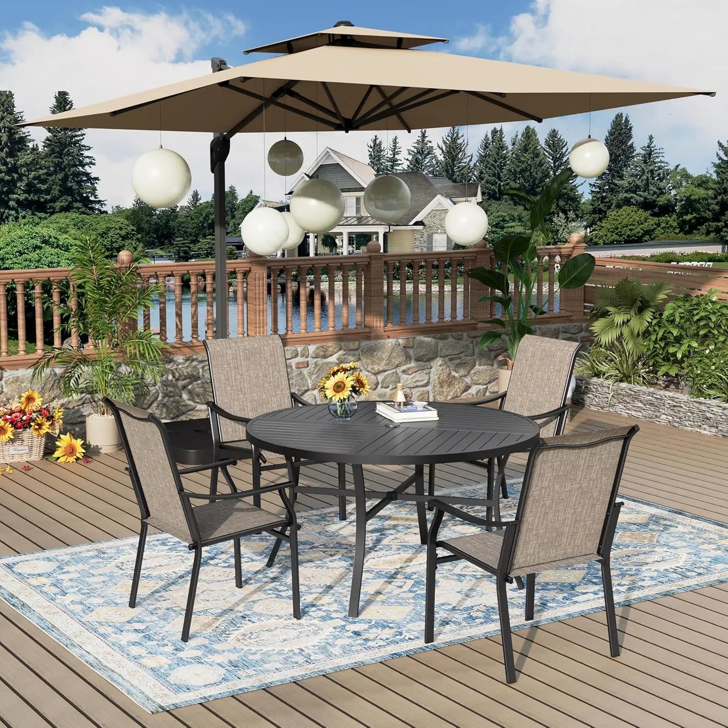 Outdoor 5 Piece Patio Dining Set With Textilene Chairs