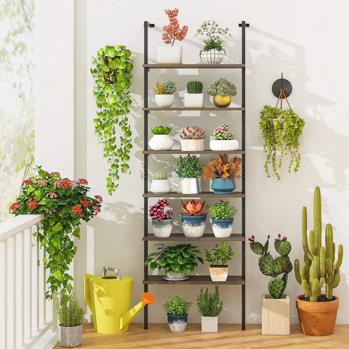 6-tier Ladder Shelf 72 Inches Industrial Wall Mounted Bookshelf Oak