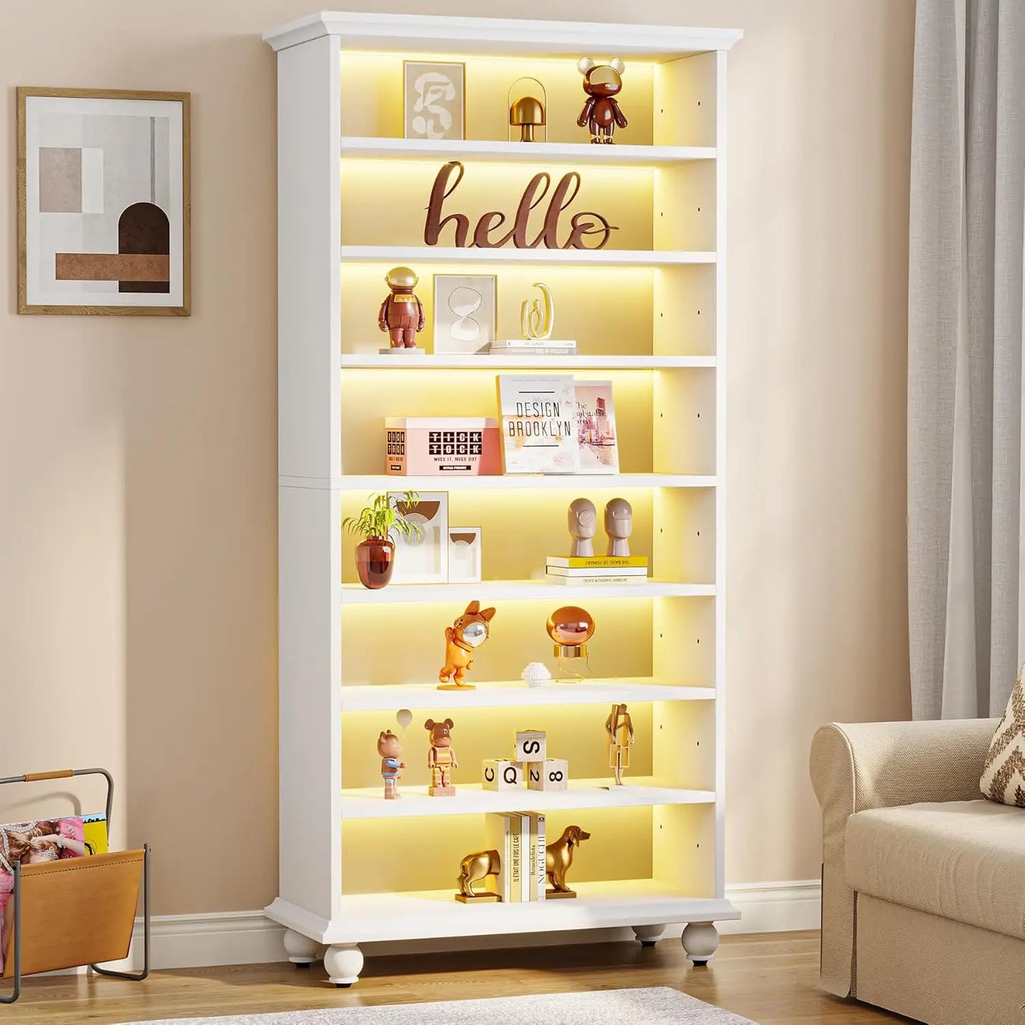 LITTLE TREE LED Bookcase With Solid Wood Legs Freestanding Display Shelf