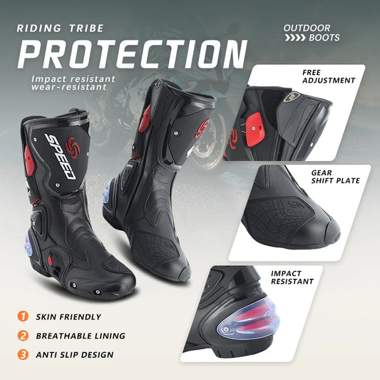Leather Unisex Motorcycle Boots With Rubber Outsole
