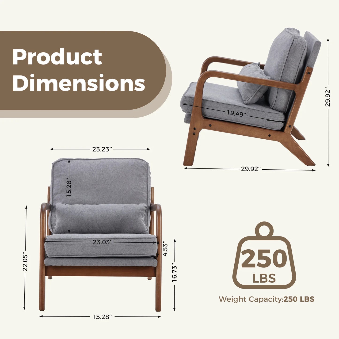 JHK Mid Century Modern Chair Solid Wooden Frame With Arms