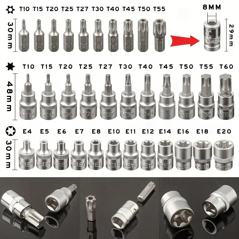 35-piece set of Torx and E-Torx screwdriver bits, compatible with 1/4-inch, 3/8-inch, and 1/2-inch drivers, including male and female E-Torx security screwdriver bits, designed for handheld use