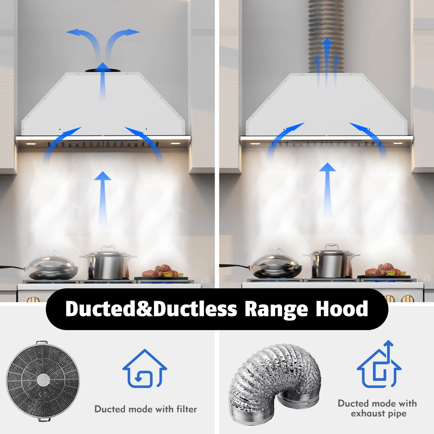 BRANO Range Hood Insert, 750 CFM, Ducted Or Ductless Convertible